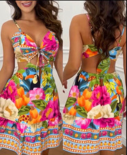 Multicolor Tropical Floral Toucan V-Neck Strappy Backless Ruffle Dress L