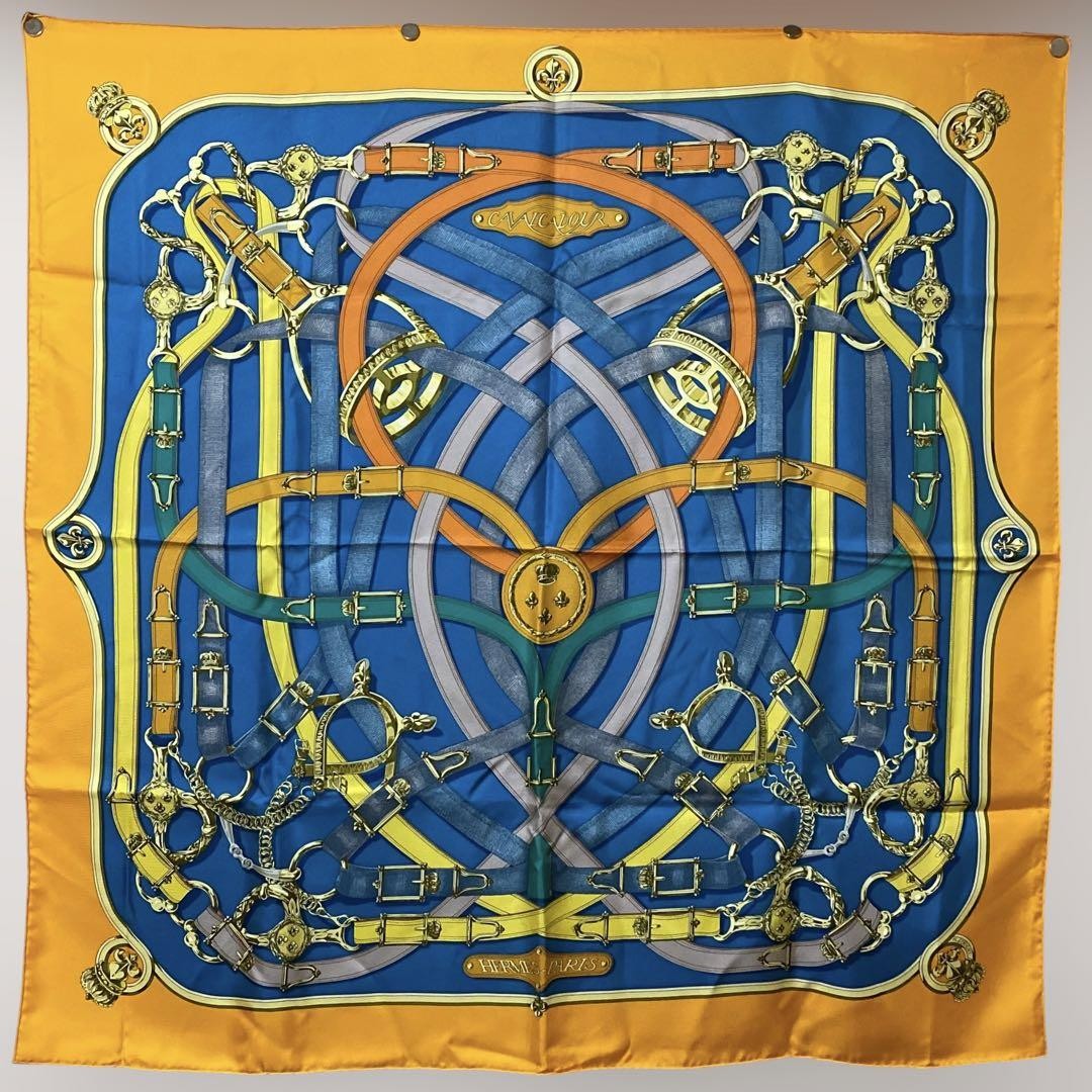 HERMES Carres 90 Cavalcadour Scarf Silk Tags Box cute for Present from JAPAN