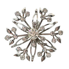 Vintage Silver Tone Clear Rhinestone Floral Starburst Brooch 2"