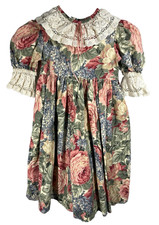 Vintage Floral Cottage Core Girls Dress Size 5 Crochet Lace Collar Trim Prairie