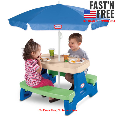 [HOT SALE] Outdoor Portable Kids Picnic Table with Umbrella, Blue Green, Ages 2+