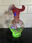 Fenton 2004 Topaz Amberina Vase 9867 F5 Hand Painted Ruffled Uranium Glass UV