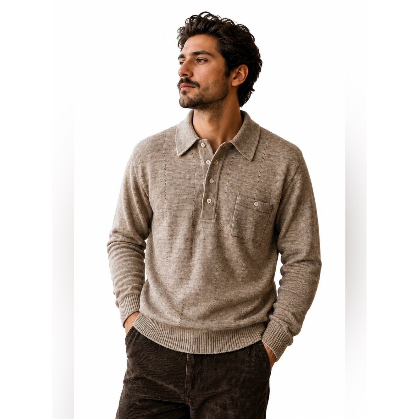 Vintage Royal Knight Mens Long Sleeve Knit Polo Shirt Beige Tan Large 2-Ply