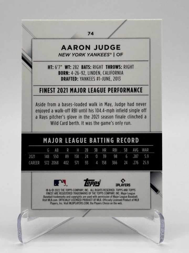 2022 Topps Finest #74 AARON JUDGE - Image 2 of 2