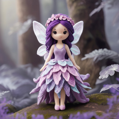 Crochet Floral Fairy Girl Doll, Handmade Purple Outfit with Wings Amigurumi