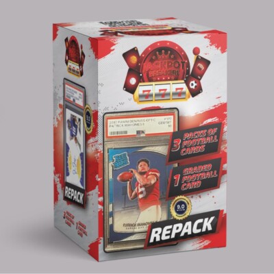 Jackpot Breakers Football Repack Box - 1 Card Graded 9 or Plus + 3 Sealed Packs