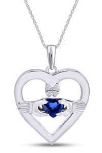 Authentic Claddagh Heart Pendant Necklace Simulated Blue Sapphire 14k White Gold Plated