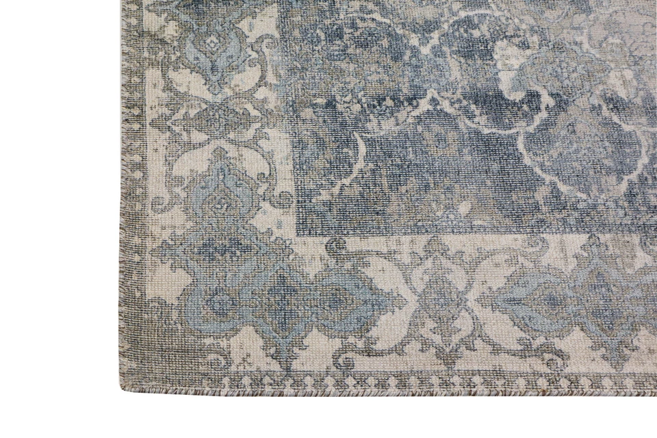 Teppich Vintage Handgewebt 160x230 cm Glanz Effekt Handweb creme blautöne - Bild 3 von 4