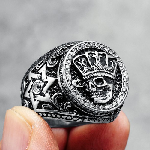 MOWEN Men’s 316L Stainless Steel Vintage Kings Crown Ring – Silver, Size 13, Width 19-21mm