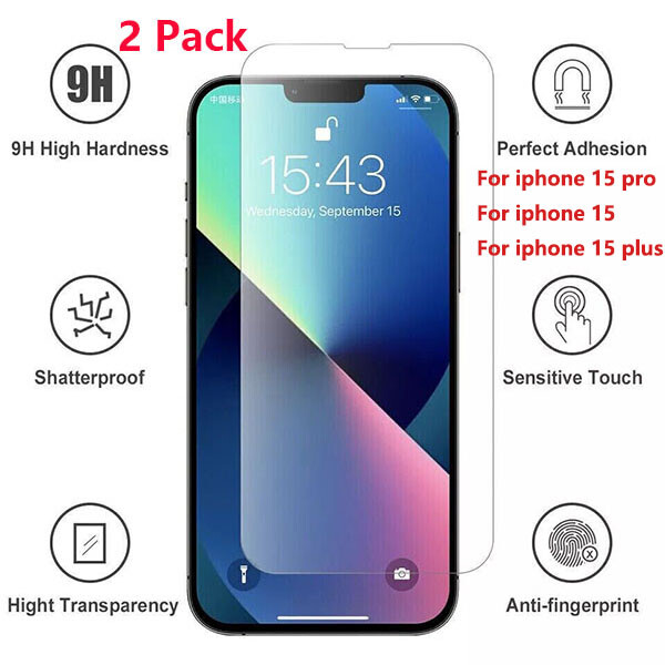 2Pack Tempered Glass Screen Protector For iPhone 15 Pro / 15 Pro Max / 15 Plus