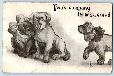 Phillips Artist Signed Postcard Two's Company Three's A Crowd Puppies Dog 1911