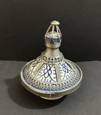 Vtg Ceramic Tagine 4” X 3” Silver Blue White Sauces Condiments Covered Dish