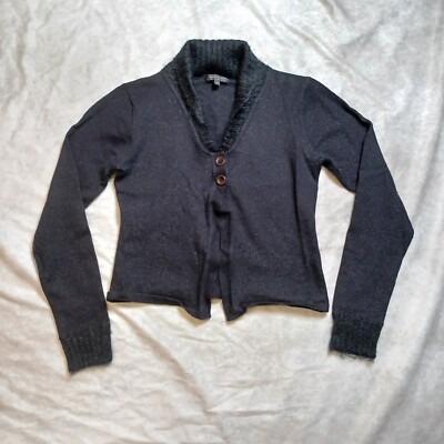 Vera Moda Wool Cardigan Womens Large Black Mohair Collar Cropped Single Button