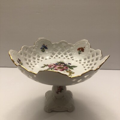 Weimar Germany Porcelain White Footed Compote Candy Dish Lattice Floral