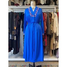 vintage 1970s blue nylon embroidered robe, midi length, 70s loungewear, jcpenney