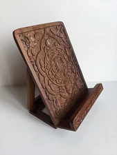Hand Carve Wood Cookbook Stand, Foldable Book Holder, Wooden iPad Stand