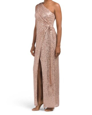 open lace back dress Aidan Mattox Off Shoulder Sequin Gown