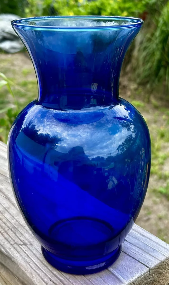 Vintage Cobalt Blue Glass Large Flower Vase 9” Tall Solid Cobalt Blue Glass