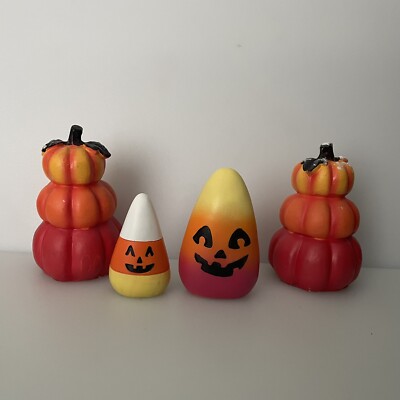 Colorful Candy Corn & Stacked Pumpkins Halloween Figures Resin Shelf Decor Set 4