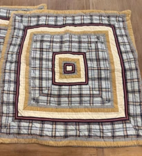 Pottery Barn Kids Quilt Madras Plaid Blue White Khaki (2) Euro Pillow Shams