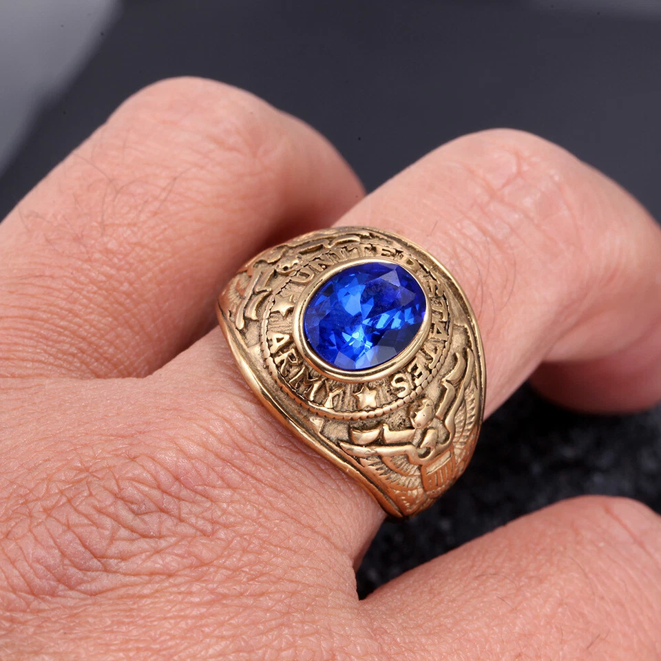 Vintage Blue CZ Eagle US Army Ring Stainless Steel Veteran Ring Gold Size 7-13 - Image 4 of 4
