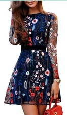 Blue Colorful Sheer Mesh Floral Embroidered Dress M Fit & Flare Garden Party