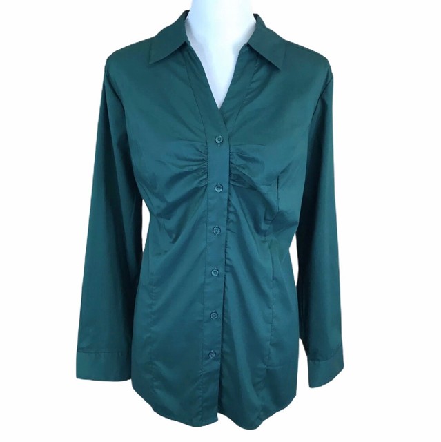 Lane Bryant Emerald Green Long Sleeve Ruched Button Down Shirt Womens