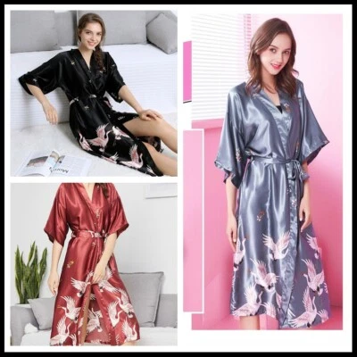 MARKENLOS Damen Kunst Satin Seide Kimono Bademantel Japanisch Nachtwäsche Nachthemd