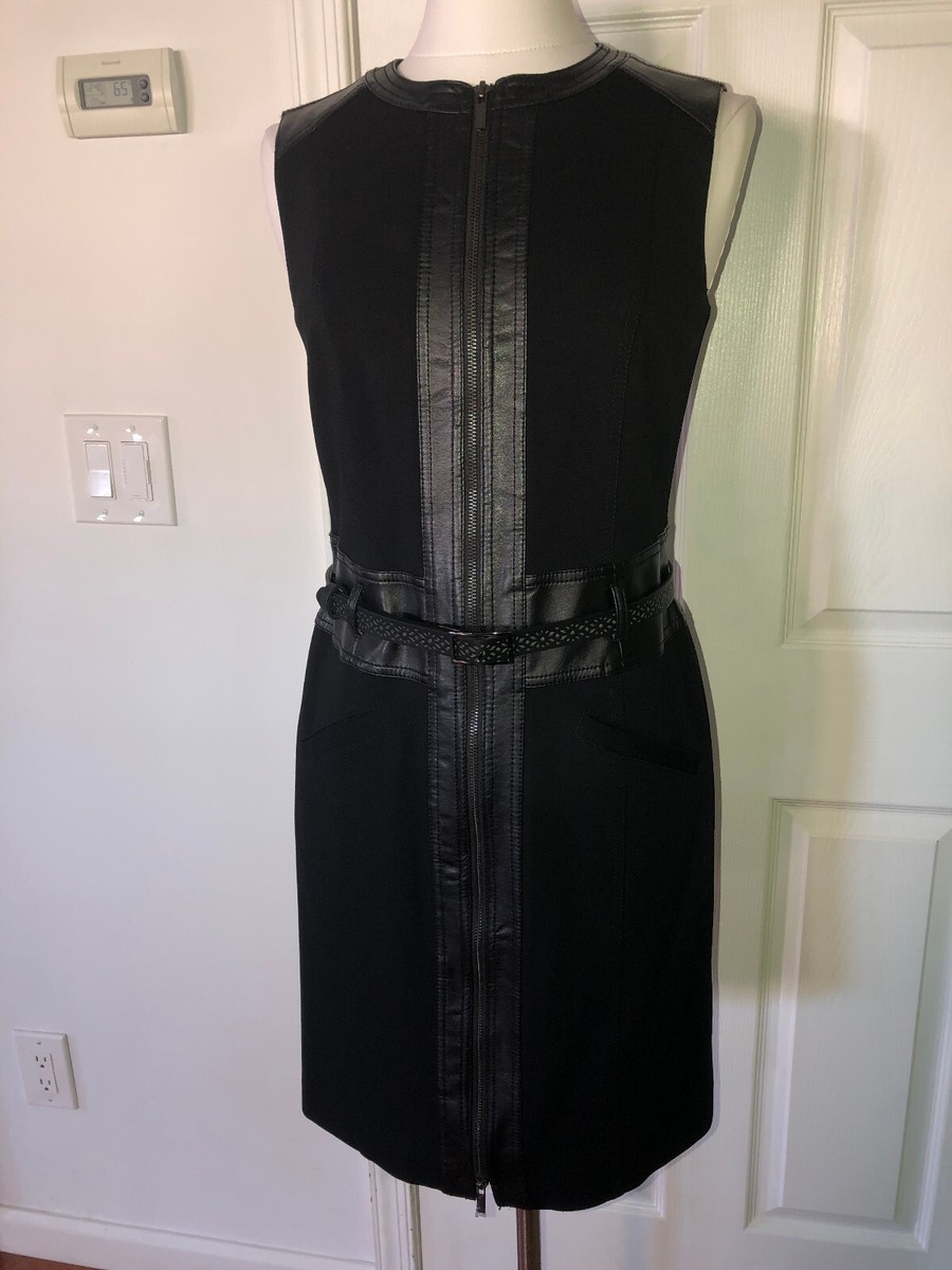 NWT W By Worth Sheath Dress Black ponte faux leather trim front