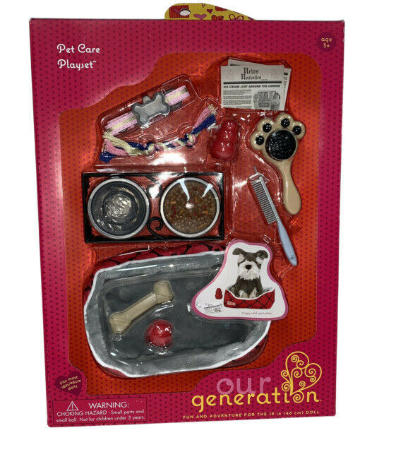 NIB OUR GENERATION Pet Care Playset Dog Bed Food Toys Brush Bones Fits 18" Doll