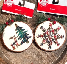 2 Rustic Wooden Christmas Holiday Farmhouse Plaid Ornaments Tree  Snowflake New