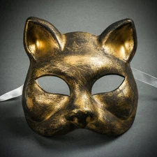 Vintage Gold Black Venetian Gatto Cat Masquerade Carnival Mardi Gras Face Mask
