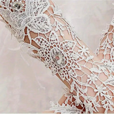 Romantic white lace flower pattern fingerless gloves rhinestones bridal or prom