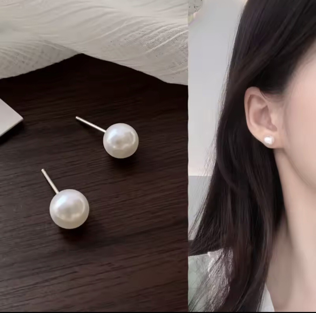 Round Silver White Pearl Stud Earrings from UK Seller-image