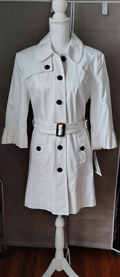 Marvin Richards Trench Coat Size L Women's White Ruffle Sleeve Waist Belt Coat