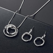 Fashion Women Round Silver Rhinestone Jewelry Set Pendant Necklace Earrings 3PCS