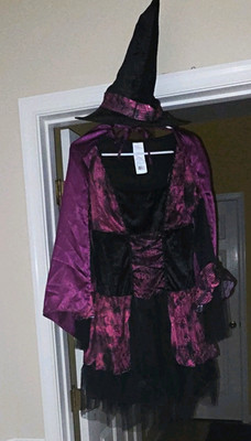 3 PC Goth Witch Costume Dress Lace-Up Black/Purple w/ Hat & Velvet Cape  M 8-10