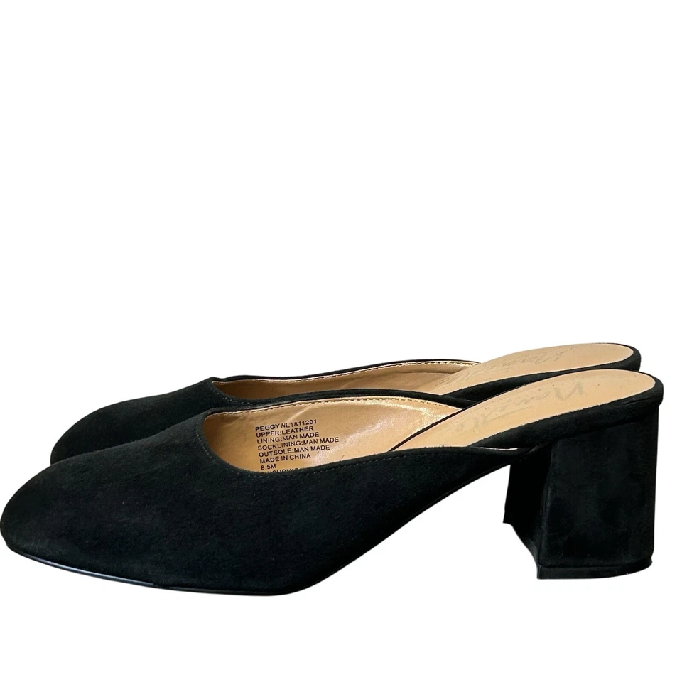Nanette Lepore Peggy Tacón Bloque Negro Gamuza Cuero Mules Mujer’s Talla 8.5 Foto 2 de 4