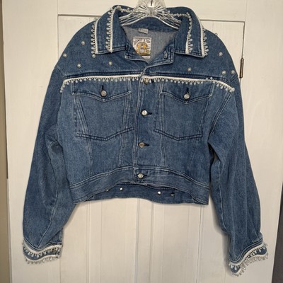 Vintage Denim Size Medium Women s Jean Jacket Light Wash Beaded Faux Pearls