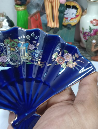 Vtg Cobalt Blue Gold Floral Fan Shape Trinket Dish 7.25" Miyako Japanese - Picture 5 of 11