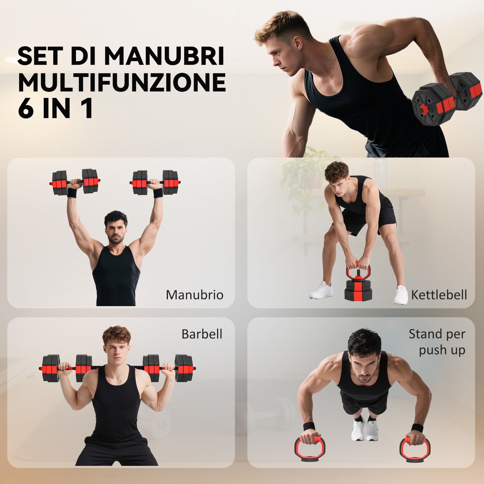 Set Pesi Palestra 6 in 1 da 30Kg con Bilanciere e Manubri foto 4