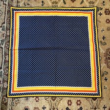 SCARF VINTAGE UNMARKED GEOMETRIC BLUE POLKA DOT ART YELLOW ORANGE WHITE 27 X 27  