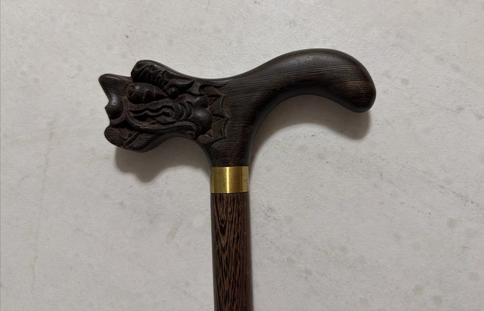 Brass and Wood Walking Cane Vintage Asian Dragon Handle - Image 4 of 4