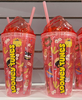 Six Flags Magic Mountain Looney Tunes Cute Foods Pink Travel Tumbler & Straw