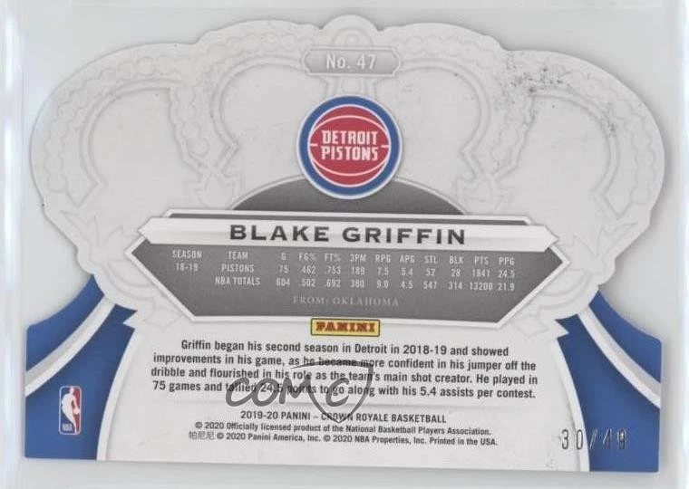 2019-20 Panini Crown Royale Crystal Red /49 Blake Griffin #47 - Image 2 of 2