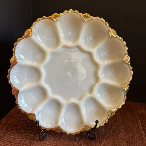 Classic Anchor Hocking Fire King 10" Deviled Egg Plate, Milk Glass & Gold Trim