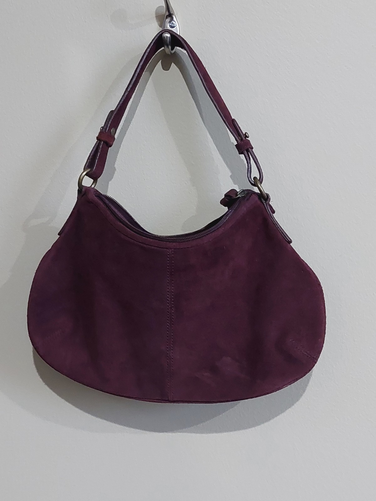 Burgundy Suede Crescent Little Hobo Bag Brass Hardware Shoulder Zip 13x7.5