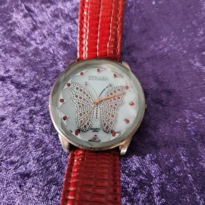 Authentic Strada Women's Quartz Watch Red Strap Butterfly Dial 18k Rose Gold Plated