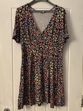 ASOS Black V Neck Buttoned Multicoloured Floral Dress, Size 14