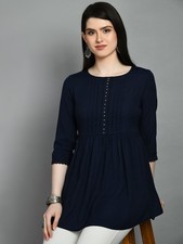 Indian Women Blue Rayon Solid A-Line Kurta Kurti Top Tunic New Pakistani Dress